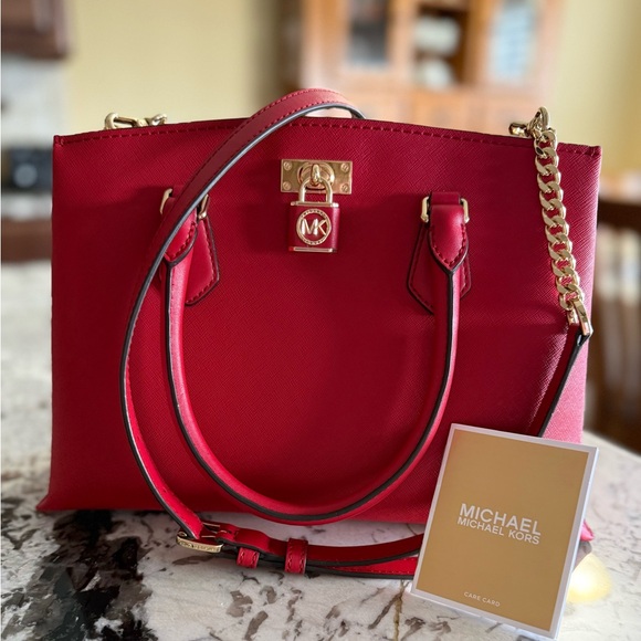 Michael Kors Ruby Satchel Leather Handbag Crimson - Picture 3 of 12